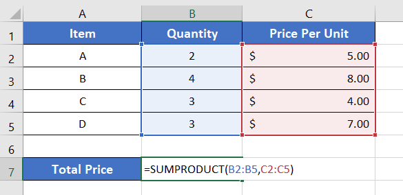Applied SUMPRODUCT formula with cell reference in Excel