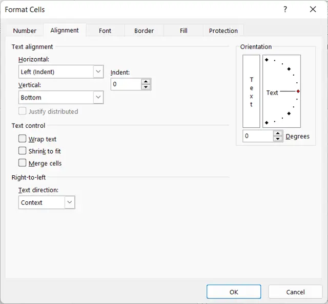 Alignment tab: Format Cells Dialog Box in Excel