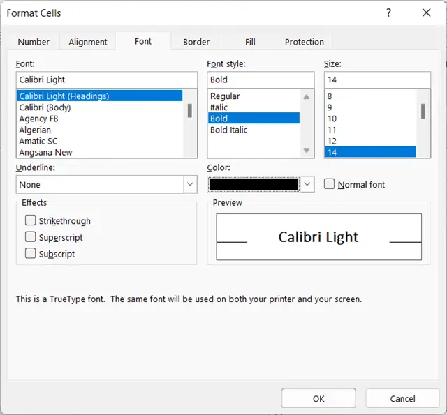 Font tab: Format Cells Dialog Box in Excel