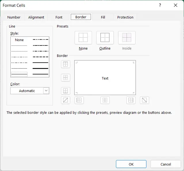 Border tab: Format Cells Dialog Box in Excel