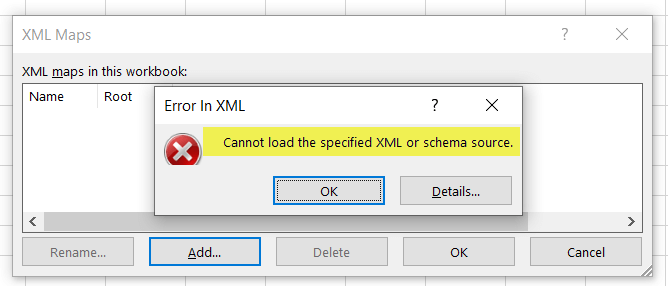 Error in XML ‘Cannot Load the Specified XML or Schema Source.’