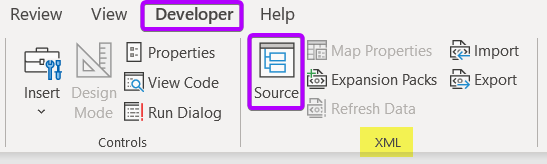 Accessing the Developer tab to use Source tool from XML group 