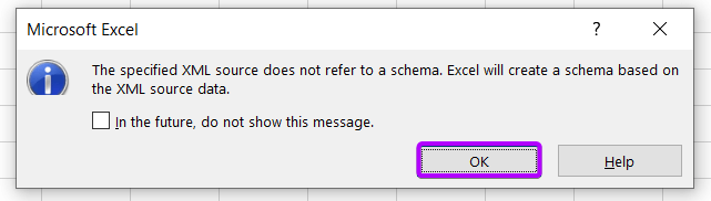 Excel message to create a schema based on XML source data 