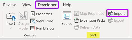 Using Developer Tab to Open an XML File in Excel