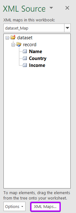Opening XML Source to access XML Maps in Excel