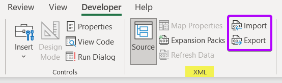 Accessing Developer tab to choose Import and Export tools in XML group