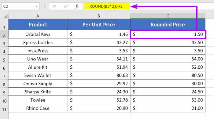 Using ROUND Function to Round to nearest 50 cents in Excel