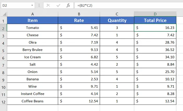 Item prices in a dataset of Excel