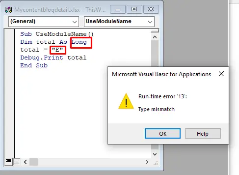 Runtime Error 13 Type Mismatch in Excel