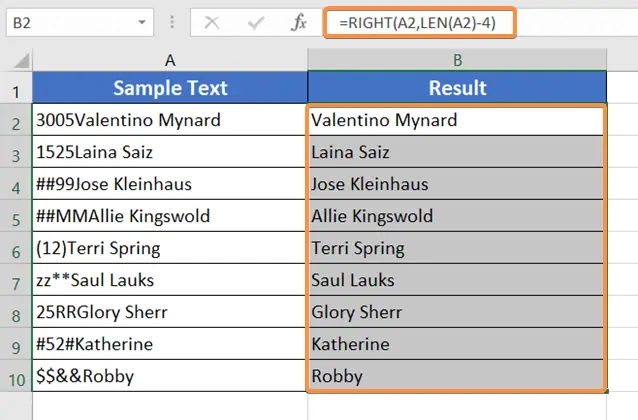 Application of the RIGHT & LEN Function to Remove the First 4 Characters in Excel
