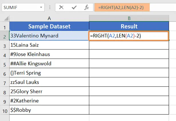 Use the RIGHT Function and LEN Function to Remove the First 2 Characters in Excel
