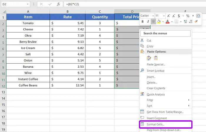 Using Format Cells otion to open the Cell Format Dialog Box in Excel