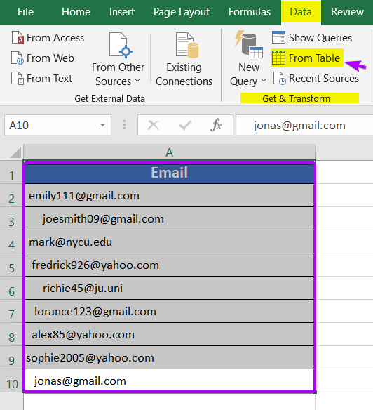 Creating table for Power Query in Excel