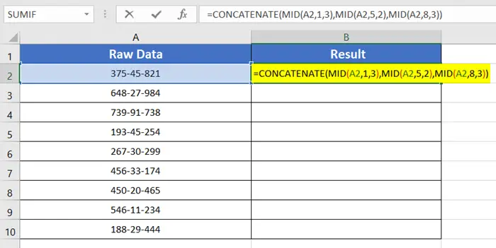 Using the CONCATENATE and MID function to remove specific characters in Excel