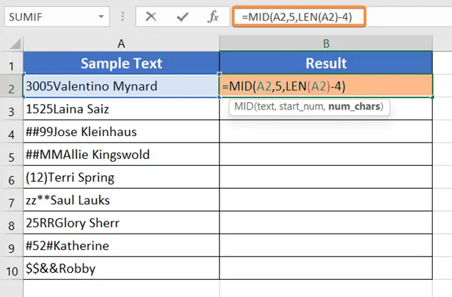 Use MID & LEN Function to Remove the First 4 Characters in Excel