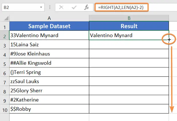 Copying the RIGHT & LEN Function with Fill Handle to Remove the First 2 Characters in Excel