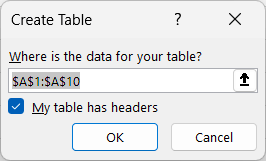 Create Table window in Excel