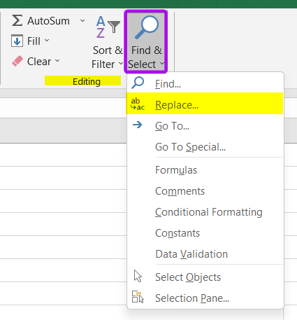 Open Find and Replace Dialog Box to Remove Numeric Characters from Cells in Excel