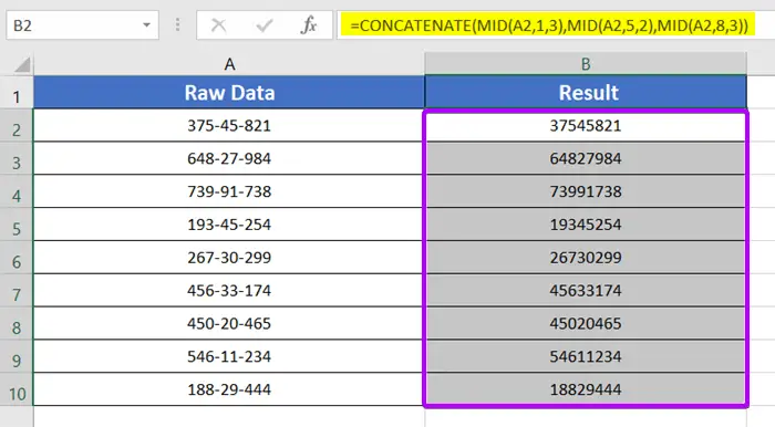 The result of using CONCATENATE and MID function to remove specific characters in Excel