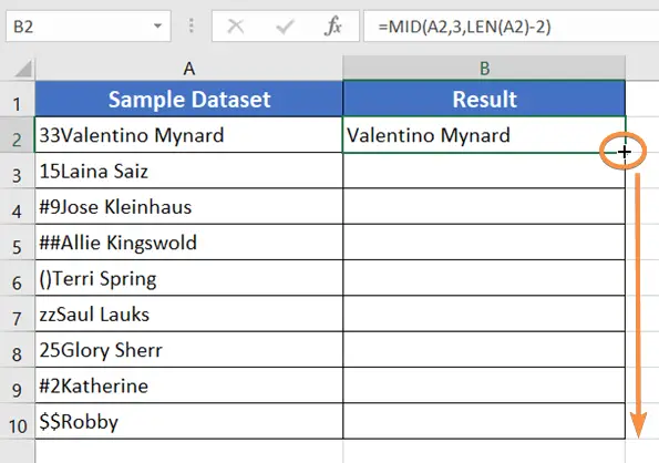 Copying the MID & LEN Function with Fill Handle to Remove the First 2 Characters in Excel