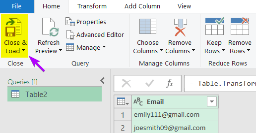 Close and Load command to close the Power Query Editor