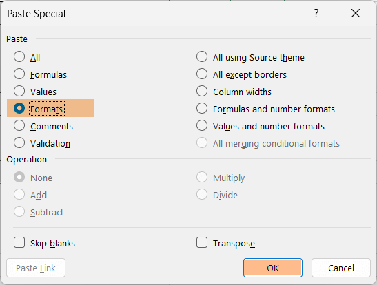 Using Formats option from Paste Special window in Excel