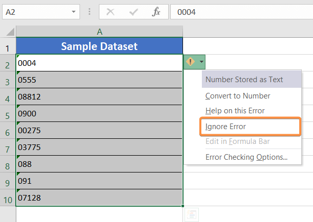 SelectING Ignore Error from the drop-down menu in Excel