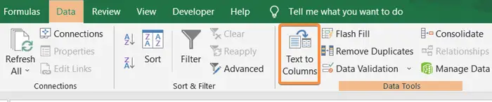 Click on the Text to Column icon from the Data Tools group