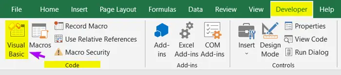 Opening Visual Basic command from the Code group to open VBA in Excel
