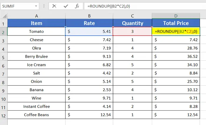 Use ROUNDUP function to Round up a Formula Result in Excel