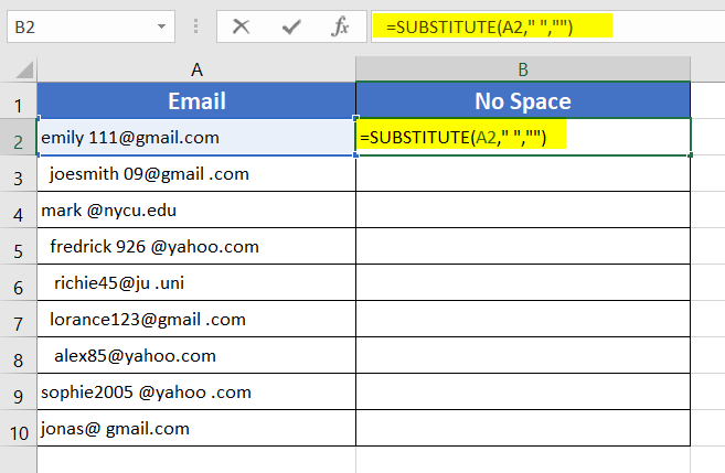 Using SUBSTITUTE function to remove blank characters in Excel