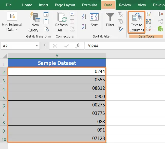 Opening the Text to Column feature to remove single quotes in Excel 