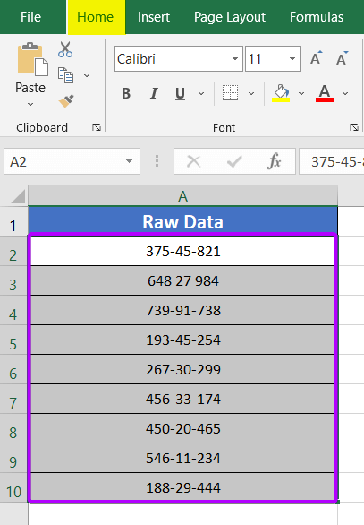 Selecting the dataset in Excel
