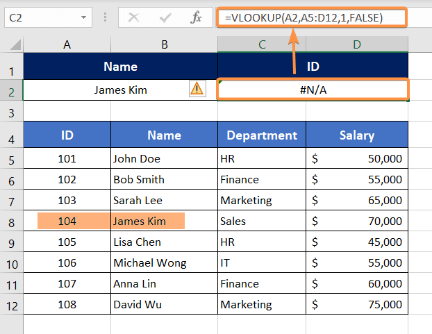 VLOOKUP Returns #N/A Error as the Lookup Array is not the Leftmost Column of the Table Array