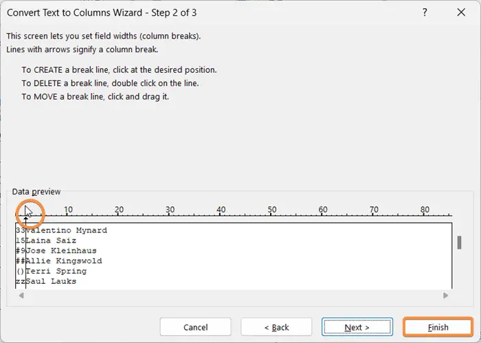 Create a barrier between the first 2 characters and the rest of the characters in the Convert Text to Columns Wizard