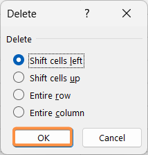 Select the option Shift cells left in Delete dialog box in Excel