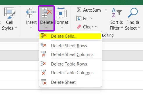 Using Delete Cells command in Excel