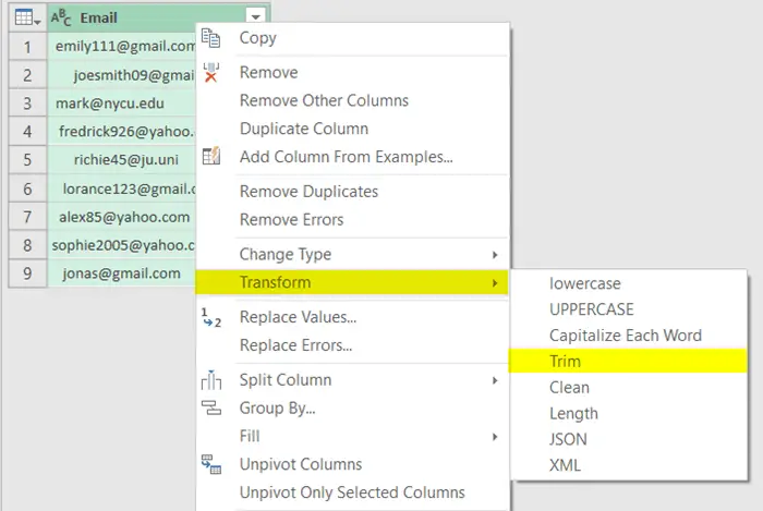 Go to Transform and Trim command in Power Query in Excel