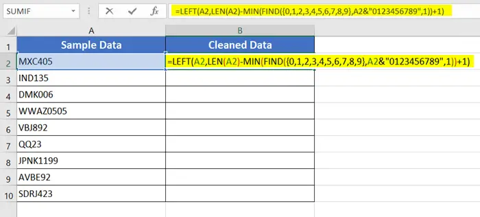 Using the LEFT, LEN, MIN, and FIND Functions to Remove Numeric Characters from Cells in Excel