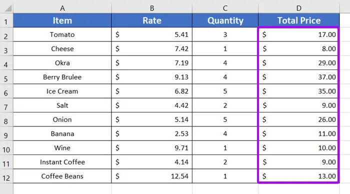 Final result of applying the ROUNDUP function to Round up a Formula Result in Excel