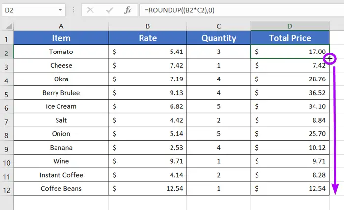 Copy down the ROUNDUP function in the cell range to Round up a Formula Result in Excel