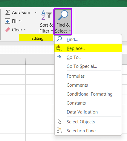 Open the Find and Replace dialog box in Excel