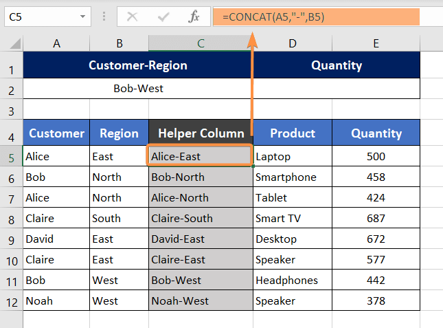 Creating a Helper Column Using the CONCAT Function in Excel