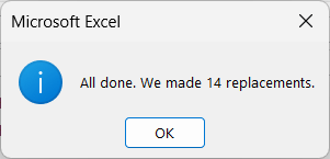 Excel message after replacements of specific characters 