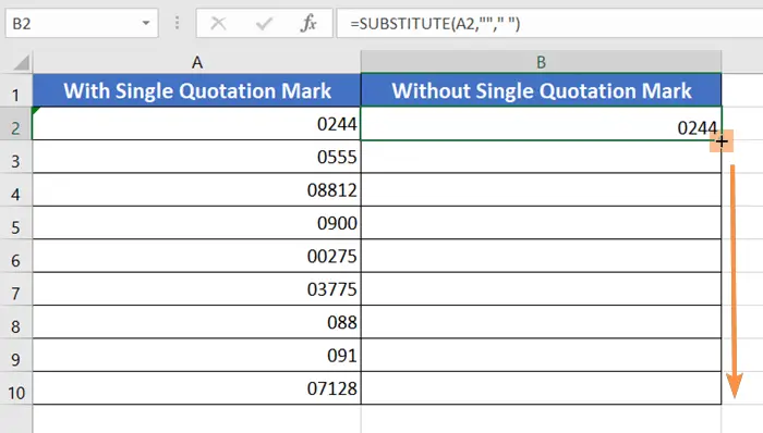Using the SUBSTITUTE Function with Fill Handle icon to Remove Single Quotes in Excel