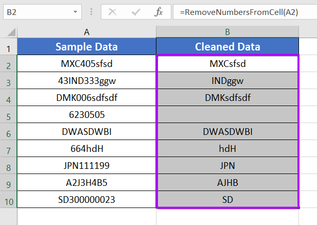 Result of using the VBA to Remove Numeric Characters from Cells in Excel