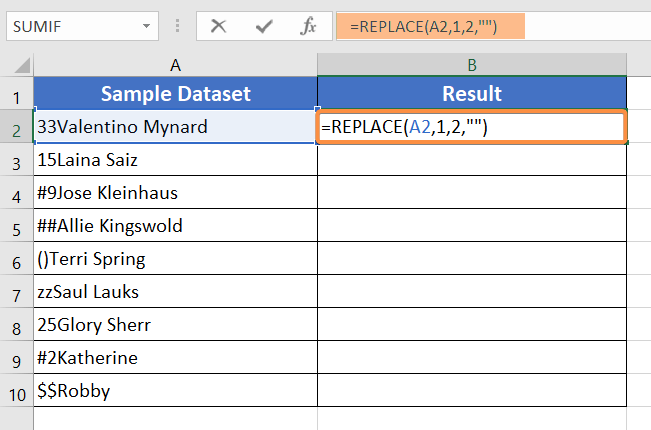 Use REPLACE Function to Remove the First 2 Characters in Excel