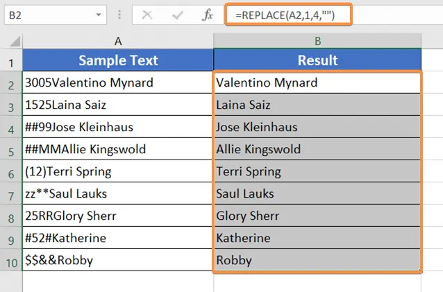Application of the REPLACE function to remove the first 4 characters in Excel