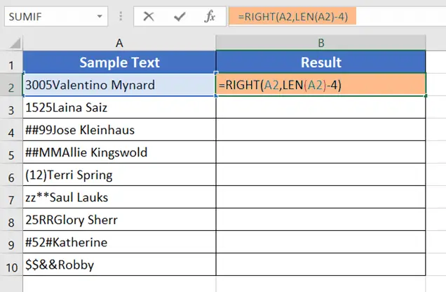 Use the RIGHT & LEN Function to Remove the First 4 Characters in Excel
