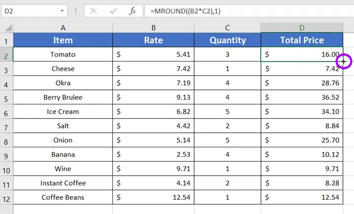 Using Fill Handle to drag down the formula with MROUND function 